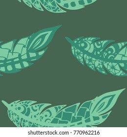 Doodle Feathers. Seamless Pattern with Hand Drawn Zentangles. Ethnic Boho Background. Simple Freehand Pattern for Rapport, Print, Textile, Fabric. Trendy Vintage Seamless Texture. Colorful Vector