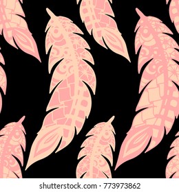 Doodle Feathers. Seamless Pattern with Hand Drawn Zentangles. Ethnic Boho Background. Simple Freehand Pattern for Rapport, Print, Textile, Fabric. Trendy Vintage Seamless Texture. Colorful Vector