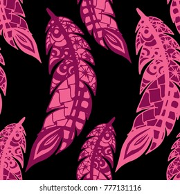 Doodle Feathers. Seamless Pattern with Hand Drawn Zentangles. Ethnic Boho Background. Simple Freehand Pattern for Rapport, Print, Textile, Fabric. Trendy Vintage Seamless Texture. Colorful Vector