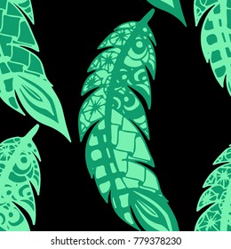 Doodle Feathers. Seamless Pattern with Hand Drawn Zentangles. Ethnic Boho Background. Simple Freehand Pattern for Rapport, Print, Textile, Fabric. Trendy Vintage Seamless Texture. Colorful Vector