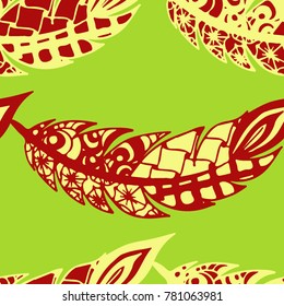 Doodle Feathers. Seamless Pattern with Hand Drawn Zentangles. Ethnic Boho Background. Simple Freehand Pattern for Rapport, Print, Textile, Fabric. Trendy Vintage Seamless Texture. Colorful Vector