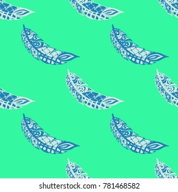 Doodle Feathers. Seamless Pattern with Hand Drawn Zentangles. Ethnic Boho Background. Simple Freehand Pattern for Rapport, Print, Textile, Fabric. Trendy Vintage Seamless Texture. Colorful Vector