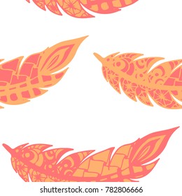 Doodle Feathers. Seamless Pattern with Hand Drawn Zentangles. Ethnic Boho Background. Simple Freehand Pattern for Rapport, Print, Textile, Fabric. Trendy Vintage Seamless Texture. Colorful Vector