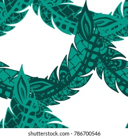 Doodle Feathers. Seamless Pattern with Hand Drawn Zentangles. Ethnic Boho Background. Simple Freehand Pattern for Rapport, Print, Textile, Fabric. Trendy Vintage Seamless Texture. Colorful Vector