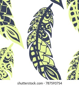 Doodle Feathers. Seamless Pattern with Hand Drawn Zentangles. Ethnic Boho Background. Simple Freehand Pattern for Rapport, Print, Textile, Fabric. Trendy Vintage Seamless Texture. Colorful Vector