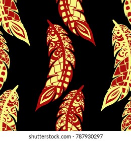 Doodle Feathers. Seamless Pattern with Hand Drawn Zentangles. Ethnic Boho Background. Simple Freehand Pattern for Rapport, Print, Textile, Fabric. Trendy Vintage Seamless Texture. Colorful Vector