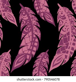 Doodle Feathers. Seamless Pattern with Hand Drawn Zentangles. Ethnic Boho Background. Simple Freehand Pattern for Rapport, Print, Textile, Fabric. Trendy Vintage Seamless Texture. Colorful Vector