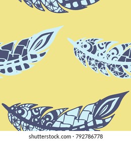 Doodle Feathers. Seamless Pattern with Hand Drawn Zentangles. Ethnic Boho Background. Simple Freehand Pattern for Rapport, Print, Textile, Fabric. Trendy Vintage Seamless Texture. Colorful Vector