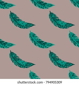 Doodle Feathers. Seamless Pattern with Hand Drawn Zentangles. Ethnic Boho Background. Simple Freehand Pattern for Rapport, Print, Textile, Fabric. Trendy Vintage Seamless Texture. Colorful Vector