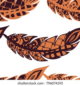 Doodle Feathers. Seamless Pattern with Hand Drawn Zentangles. Ethnic Boho Background. Simple Freehand Pattern for Rapport, Print, Textile, Fabric. Trendy Vintage Seamless Texture. Colorful Vector