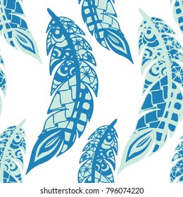 Doodle Feathers. Seamless Pattern with Hand Drawn Zentangles. Ethnic Boho Background. Simple Freehand Pattern for Rapport, Print, Textile, Fabric. Trendy Vintage Seamless Texture. Colorful Vector