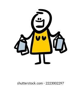 Doodle female character with many shopping bags holding in hands. Vector illustration of woman in store sale days.