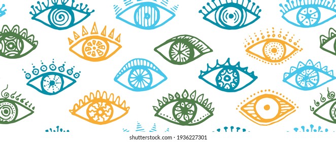 Doodle weibliche Augen minimal wiederholbare Ornament. Pop-Art Grafik-Stil-Illustration. Konfektionieren Sie das Vektordesign. Offene Augen auf weißem Hintergrund, süßes, endloses Muster.