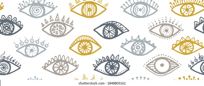 Doodle female eyes tribal repeatable ornament. Pop art graphic style illustration. Fashion packaging vector design. Open eyes with girly eyelashes psychedelic seamless pattern.