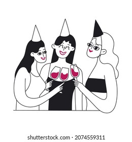 Doodle female friends holding red wine glasses in hands. Wine lovers concept. Young women celebrating and chatting. Trendy hand drawn characters drinking wine. Modern print design.