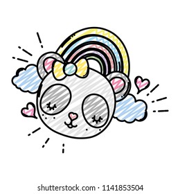 doodle female panda head with rainbow and clouds
