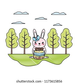 doodle female rabbit with sweet donuts in the landscape