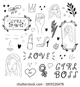 Doodle feminism elements. Set of feminism hand drawn icons on white background. Woman power illustration. Feminist movement,protest. Girl power concept. Vector illustration with random elements