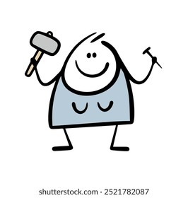 Doodle feminist woman does men's housework. Vector illustration of a beautiful girl holding a hammer and a nail in her hand. Funny cartoon female character is working.