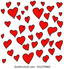 Doodle festive background is in the hearts.  Hand drawn wallpaper for Valentine's Day. Seamless patterns with red hearts.