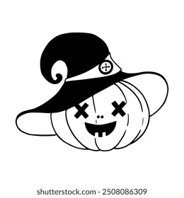 Doodle of a festive character of a carved, cheerful pumpkin in a witch's hat. Halloween decor. Vector graphics.	