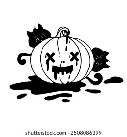 Doodle festive character carved pumpkin with black kittens. Halloween decor. Vector graphics.