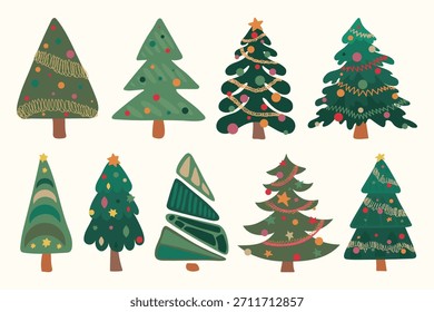 Conjunto de árboles de Navidad festivos Doodle. Conjunto de Vector de árboles de hoja perenne de invierno. Conjunto de iconos de Días festivos de Navidad
