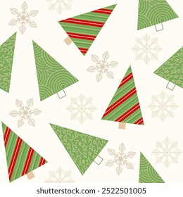 Doodle festive endless Christmas tree texture with gold snowflakes. Holiday repeating pattern Handdrawn winter background Modern geometric holiday design for print, wallpaper, wrapping, cover, textile