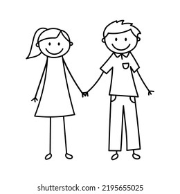 Doodle figures. Cute stick guy and girl holding hands. Vector illustration isolated on white