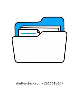 doodle file folder icon with document sheets for data storage office archive organizing paper document management and business administration isolated on white background with blue accents