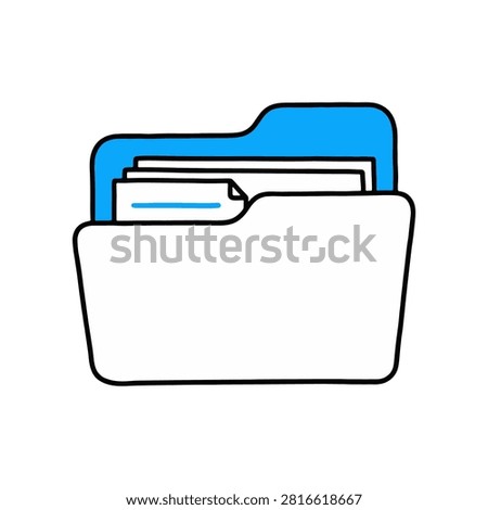 doodle file folder icon with document sheets for data storage office archive organizing paper document management and business administration isolated on white background with blue accents
