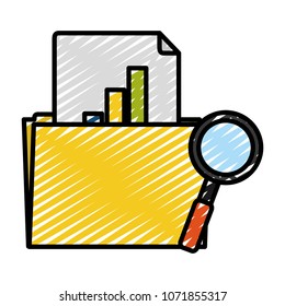 doodle file folder with statistics document and magnifying glass