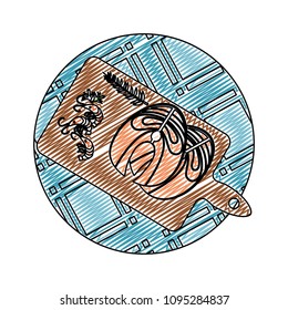 doodle fillet fish with lobsters and herbs inside cutting board