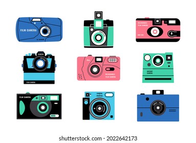 Doodle film camera. Vintage photographer kit with camera bodies and lenses, professional film photography DSLR hardware. Vector isolated set