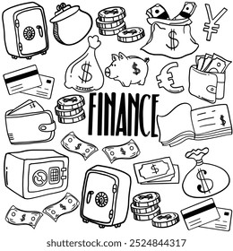 Doodle finance good for background. Financial and business icons vector set. Money, business, finance and charts, infographics, goal, communication and success. Vector illustration. Isolated linear ha