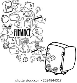 Doodle finance good for background. Financial and business icons vector set. Money, business, finance and charts, infographics, goal, communication and success. Vector illustration. Isolated linear ha