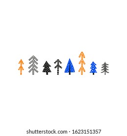 Doodle fir and pine trees in Scandinavian minimalist style isolated on white background.