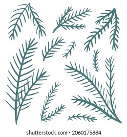Doodle fir tree branches set. Christmas tree hand drawn branch isolated on white collection. Winter simple minimalist vector design element clip art.