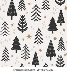 Doodle fir tree seamless pattern. Christmas and new year simple print design for fabric wrapping or wallpaper. Winter season racy vector background