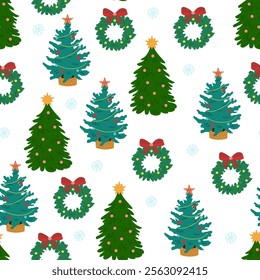 Doodle fir tree seamless pattern. Christmas and new year simple print design for fabric wrapping or wallpaper.  Hand drawing winter fir tree. New year symbol.