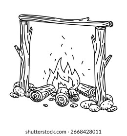 Doodle fuego para cocinar, dibujado a mano. Cocinando afuera. Gráficos, grabado, sombreado. Dibujo de tinta negra, marcador, forro para el diseño de postales, embalaje. Picnic, turismo, camping