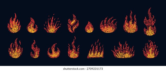 Doodle fuego en estilo crayón. Llama dibujada a mano con textura grunge. Elemento gráfico ideal para collages divertidos, pegatinas. Crayón doodle fuego rojo. Ilustración de lápiz de Vector aislado sobre fondo negro.