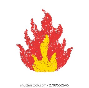 Fogo de rabiscar em estilo lápis de cera. Chama desenhada à mão com textura de esboço grunge. Crayon rabiscar fogo vermelho. Elemento gráfico para colagem divertida, adesivo. Ilustração a lápis vetorial isolada sobre fundo branco.