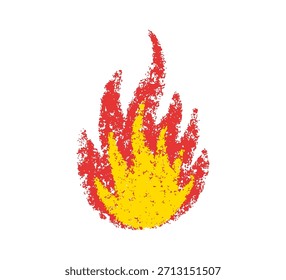 Doodle-Feuer im Stilstil. Handgezeichnete Flamme mit farbiger Skizze. Grafikelement für lustige Collage, Aufkleber. Kreide doodle rot Feuer. Vektorbleistift-Illustration einzeln auf weißem Hintergrund.