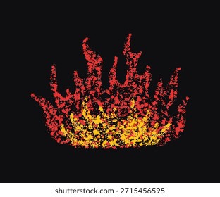 Doodle fuego en estilo crayón. Llama dibujada a mano con textura grunge. Elemento gráfico para collage divertido, pegatina. Crayón doodle rojo y fuego amarillo. Ilustración de lápiz de Vector aislado sobre fondo negro.