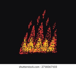 Doodle fire in crayon style. Hand drawn flame with grunge texture. Graphic element for fun collage, sticker. Crayon doodle cartoon fire. Vector pencil illustration isolated on black background.