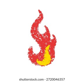 Doodle fuego en estilo crayón. Lenguas de llama dibujadas a mano con textura de boceto grunge. Elemento gráfico para collage divertido, pegatina. Crayón doodle fuego. Ilustración de tiza de Vector aislada sobre fondo blanco.