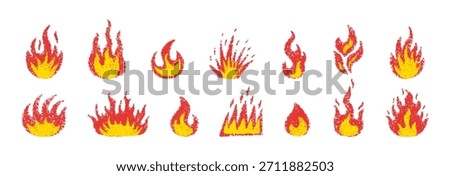 Doodle fire in crayon style. Hand drawn flame with grunge texture. Chalk element ideal for fun collages and stickers. Crayon doodle red fire. Vector pencil illustration isolated on white background.