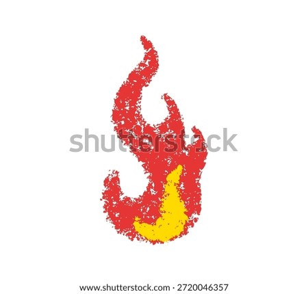 Doodle fire in crayon style. Hand drawn flame tongues with grunge sketch texture. Graphic element for fun collage, sticker. Crayon doodle fire. Vector chalk illustration isolated on white background.