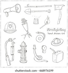 Doodle fire fighting tools set Vintage illustration for identity, design, decoration, packages product and interior decorating
